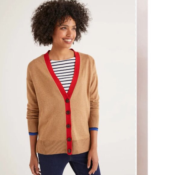 Boden Sweaters - Boden Heidi Wool Cotton Blend Shimmer Trim Boyfriend Cardigan Camel Red L